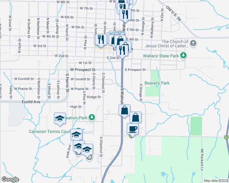 map of restaurants, bars, coffee shops, grocery stores, and more near 406 Valley View Court in Cameron