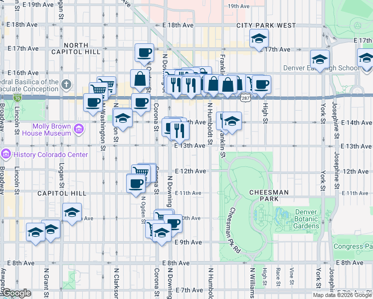 map of restaurants, bars, coffee shops, grocery stores, and more near 1270 North Marion Street in Denver