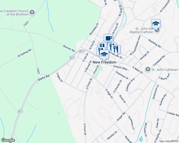 map of restaurants, bars, coffee shops, grocery stores, and more near 17 West High Street in New Freedom