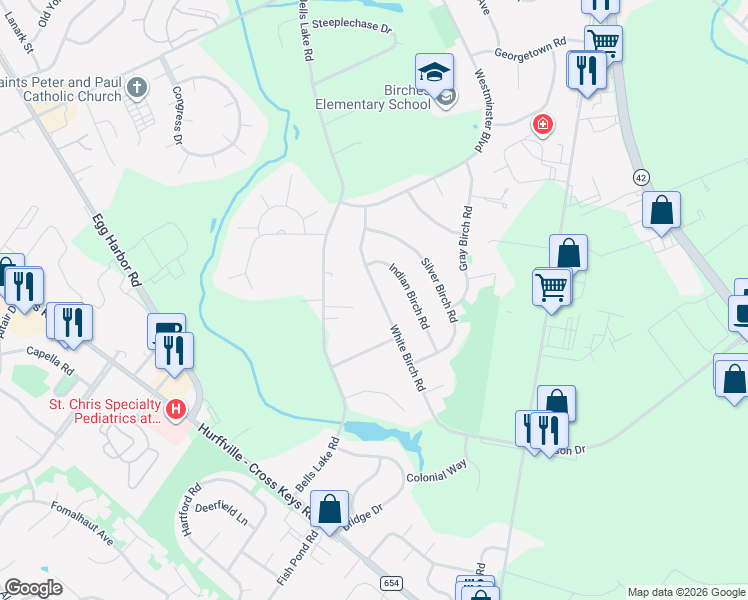 map of restaurants, bars, coffee shops, grocery stores, and more near 28 White Birch Road in Washington Township