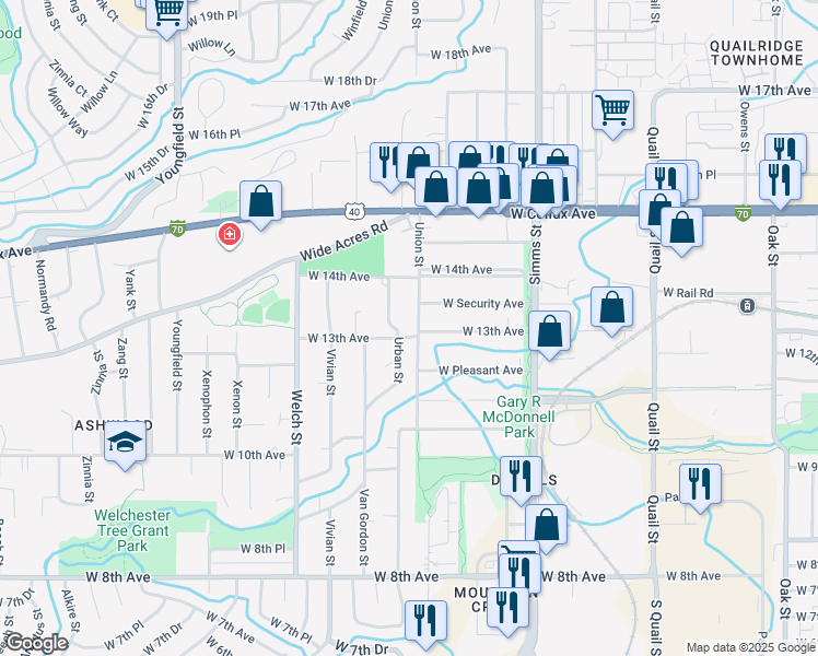 map of restaurants, bars, coffee shops, grocery stores, and more near 1301 Union St in Golden