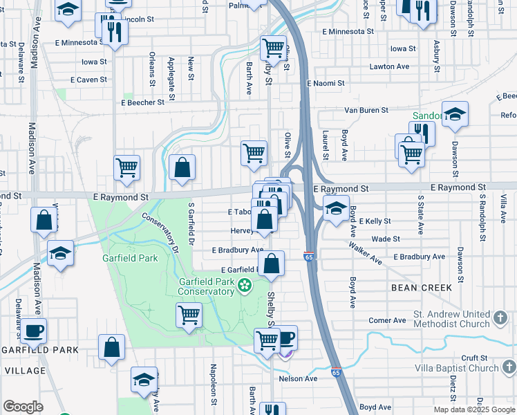 map of restaurants, bars, coffee shops, grocery stores, and more near 1046 Tabor Street in Indianapolis