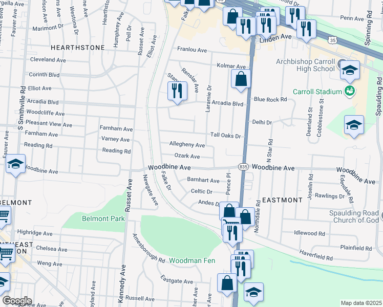 map of restaurants, bars, coffee shops, grocery stores, and more near 4733 Ozark Avenue in Dayton