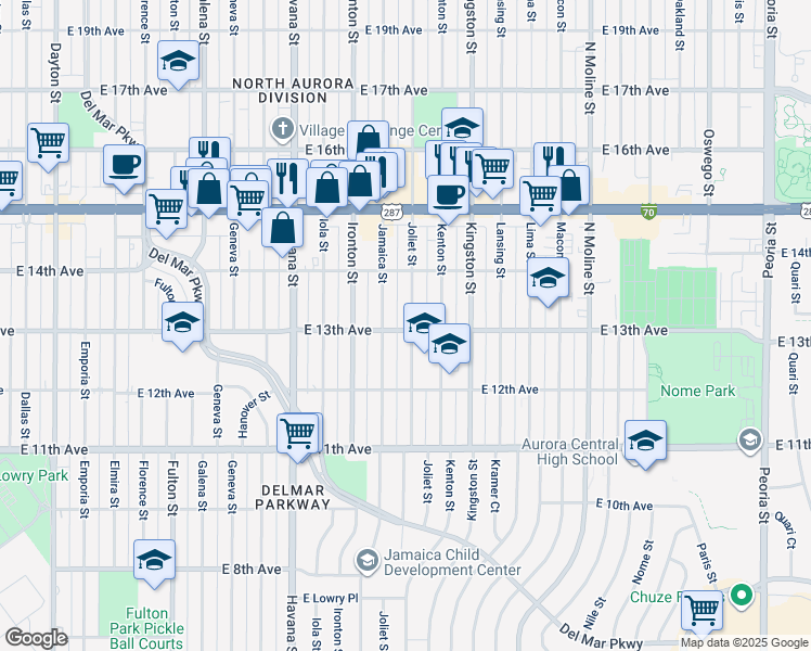map of restaurants, bars, coffee shops, grocery stores, and more near 1301 Joliet Street in Aurora