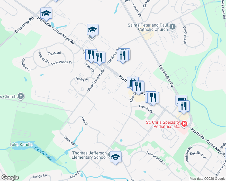 map of restaurants, bars, coffee shops, grocery stores, and more near 14 Camelot Place in Washington Township