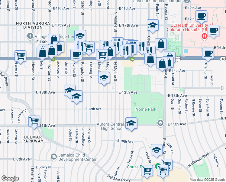 map of restaurants, bars, coffee shops, grocery stores, and more near 1301 Moline Street in Aurora