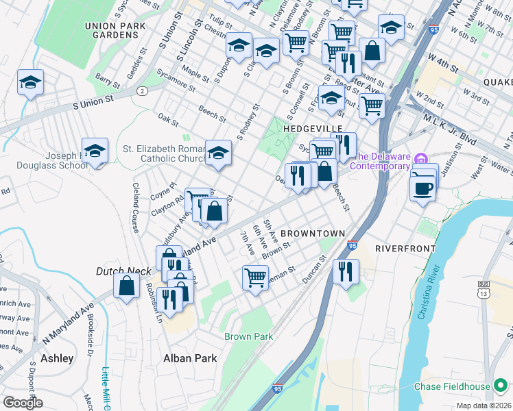 map of restaurants, bars, coffee shops, grocery stores, and more near 1300 Cedar Street in Wilmington