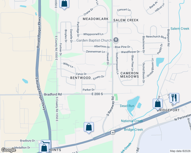 map of restaurants, bars, coffee shops, grocery stores, and more near 10850 Emery Drive in Indianapolis