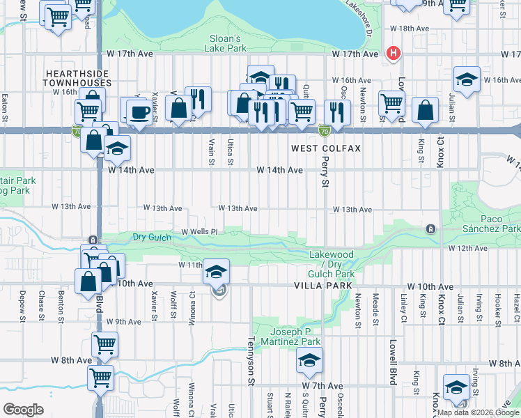 map of restaurants, bars, coffee shops, grocery stores, and more near 4346 West 13th Avenue in Denver