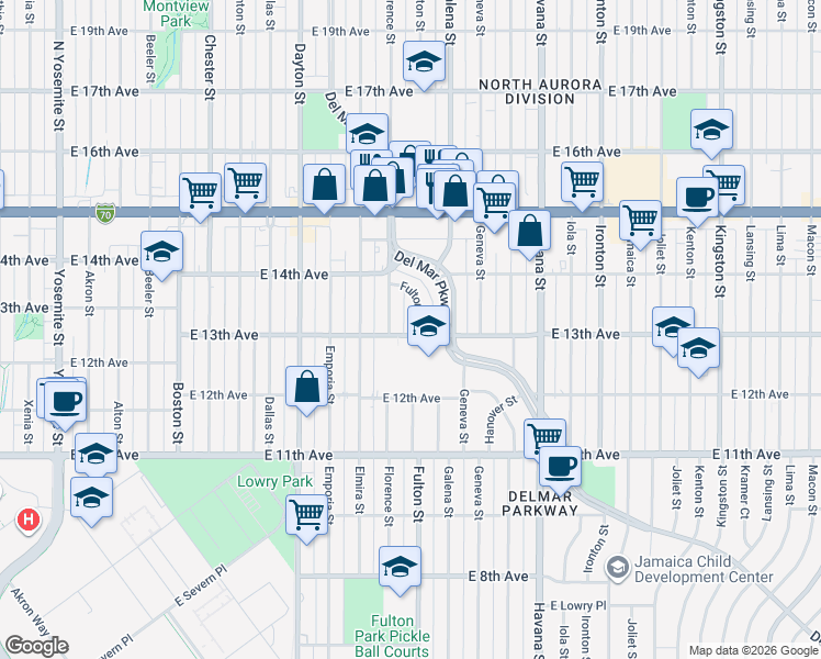 map of restaurants, bars, coffee shops, grocery stores, and more near 1301 Fulton Street in Aurora
