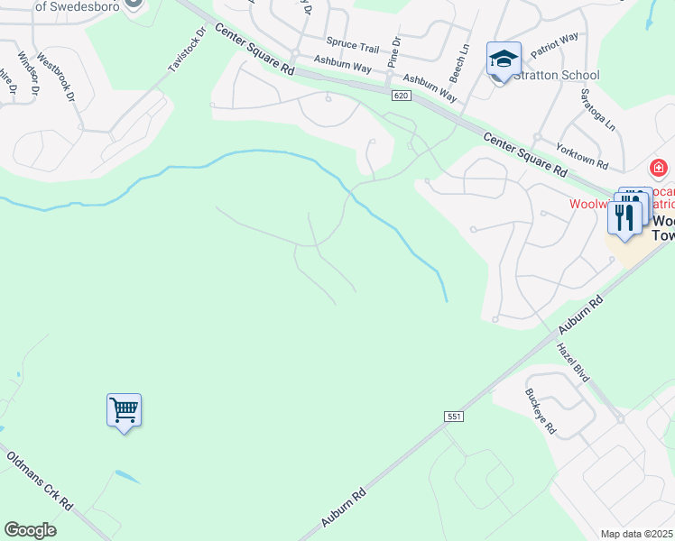 map of restaurants, bars, coffee shops, grocery stores, and more near Eisenhower Drive in Woolwich Township