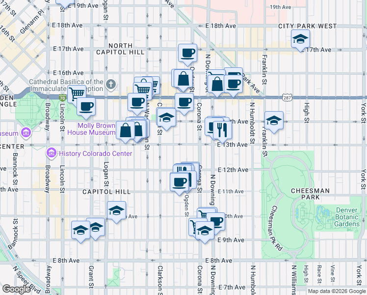map of restaurants, bars, coffee shops, grocery stores, and more near 1276 Emerson Street in Denver