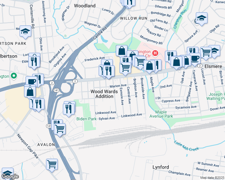 map of restaurants, bars, coffee shops, grocery stores, and more near 105 South Clifton Avenue in Wilmington
