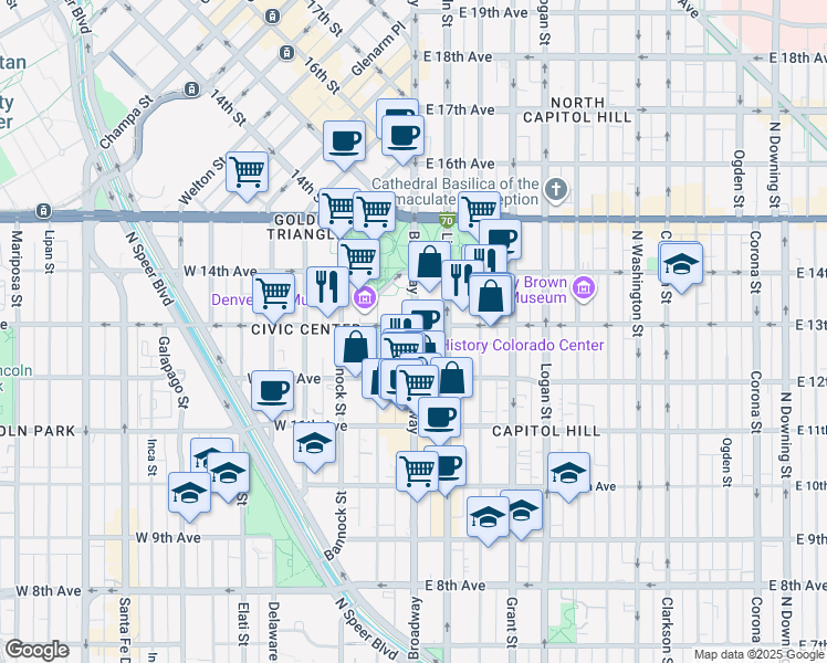 map of restaurants, bars, coffee shops, grocery stores, and more near 1290 Broadway in Denver