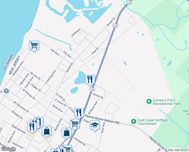 map of restaurants, bars, coffee shops, grocery stores, and more near 234 North Virginia Avenue in Penns Grove