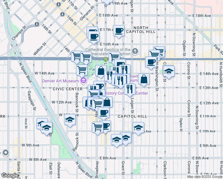 map of restaurants, bars, coffee shops, grocery stores, and more near 1275 Sherman Street in Denver