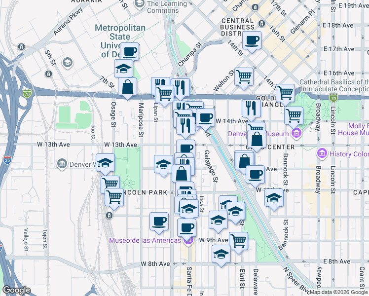 map of restaurants, bars, coffee shops, grocery stores, and more near 1275 Santa Fe Drive in Denver