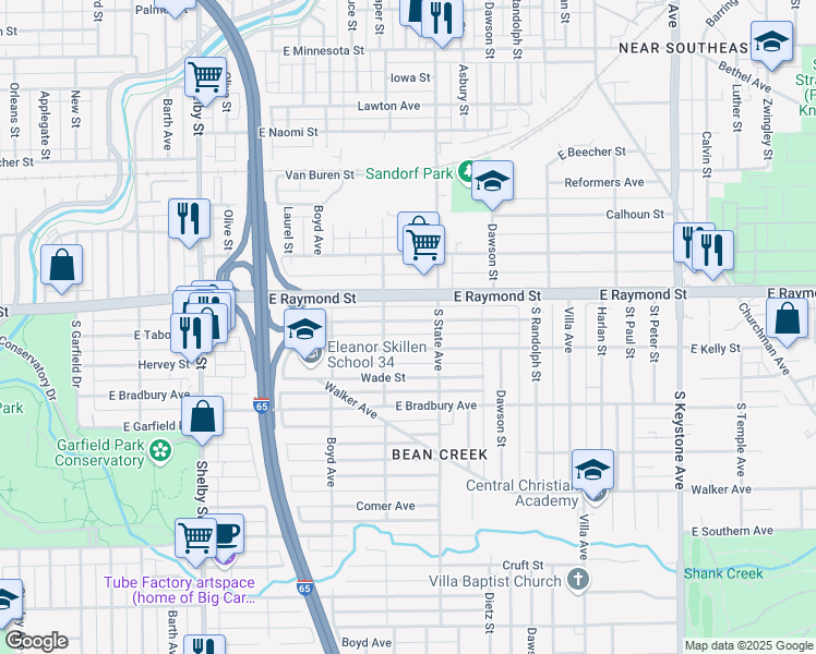 map of restaurants, bars, coffee shops, grocery stores, and more near 1625 East Tabor Street in Indianapolis