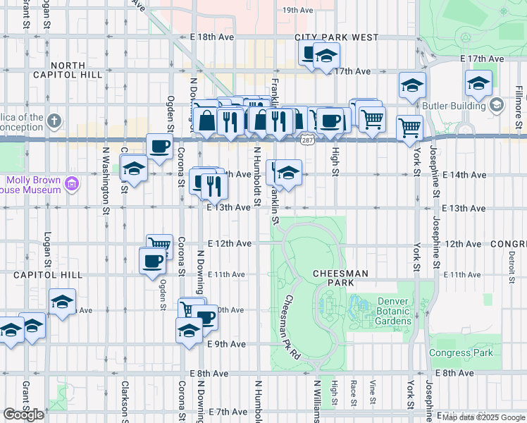 map of restaurants, bars, coffee shops, grocery stores, and more near 1280 Humboldt Street in Denver
