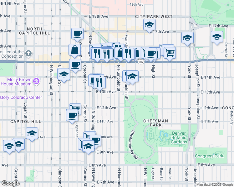 map of restaurants, bars, coffee shops, grocery stores, and more near 1285 North Humboldt Street in Denver