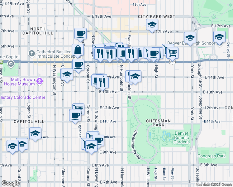map of restaurants, bars, coffee shops, grocery stores, and more near 1280 Lafayette Street in Denver