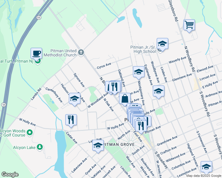 map of restaurants, bars, coffee shops, grocery stores, and more near 401 North Broadway in Pitman
