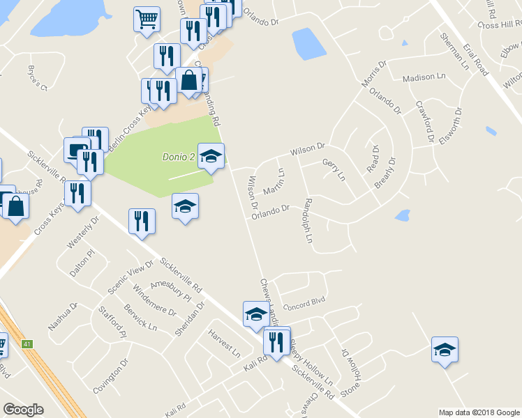 map of restaurants, bars, coffee shops, grocery stores, and more near 2 Wilson Drive in Sicklerville
