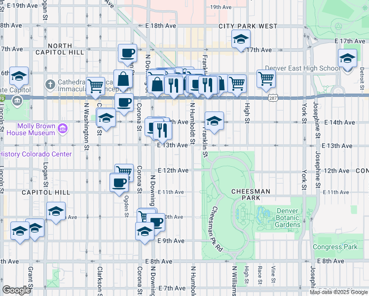 map of restaurants, bars, coffee shops, grocery stores, and more near 1280 Lafayette Street in Denver