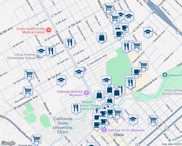 map of restaurants, bars, coffee shops, grocery stores, and more near 179 East Washington Avenue in Chico