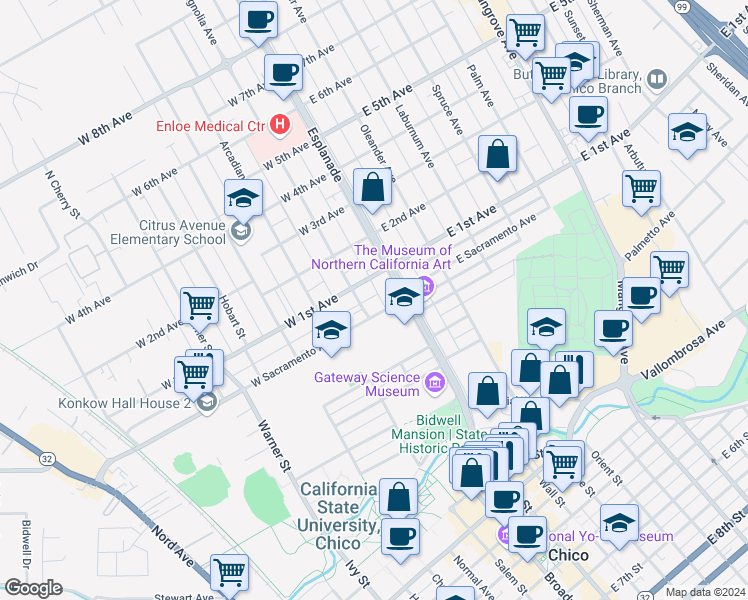 map of restaurants, bars, coffee shops, grocery stores, and more near 134 West Sacramento Avenue in Chico