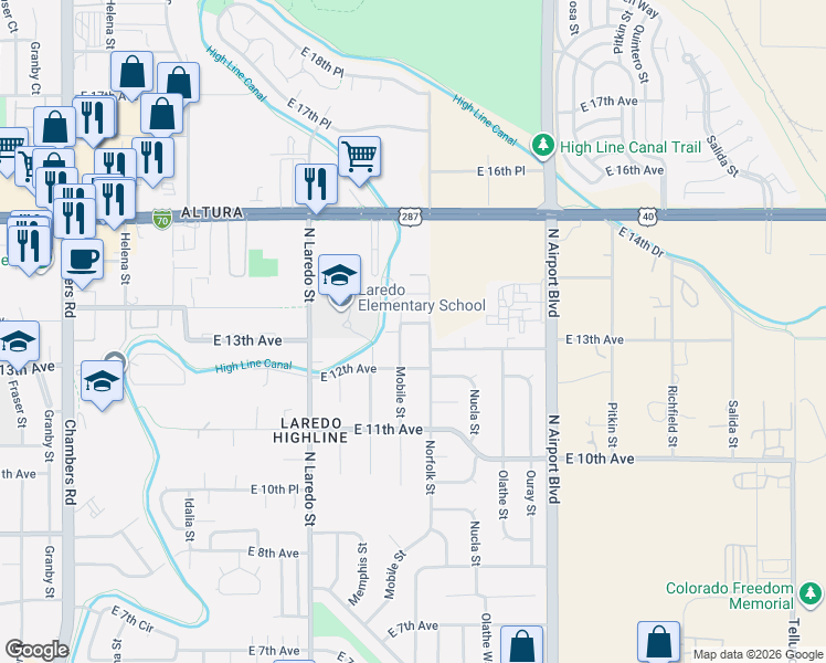 map of restaurants, bars, coffee shops, grocery stores, and more near 1281 Norfolk Street in Aurora