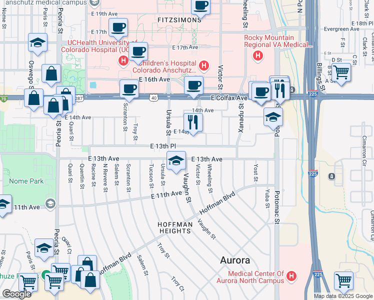 map of restaurants, bars, coffee shops, grocery stores, and more near 13160 East 13th Place in Aurora