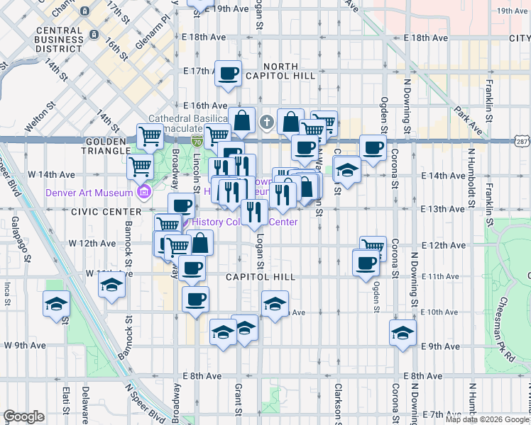 map of restaurants, bars, coffee shops, grocery stores, and more near 1250 Logan Street in Denver