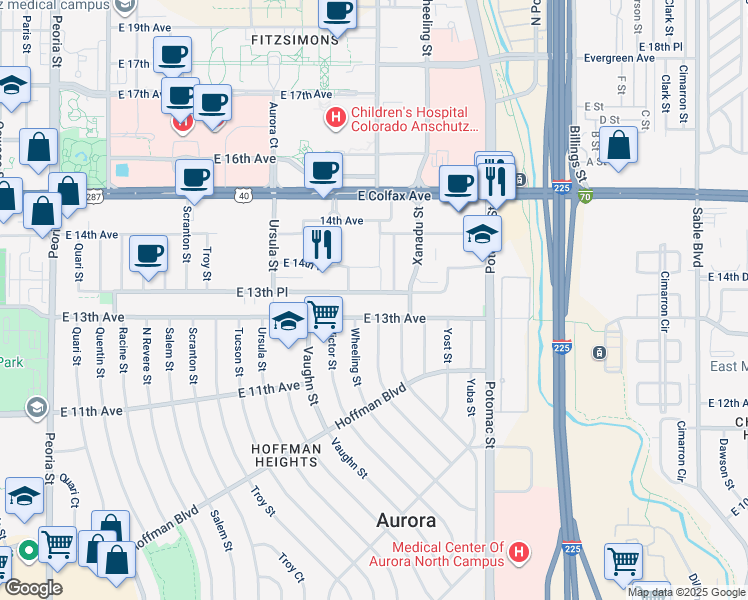map of restaurants, bars, coffee shops, grocery stores, and more near 13465 East 13th Avenue in Aurora