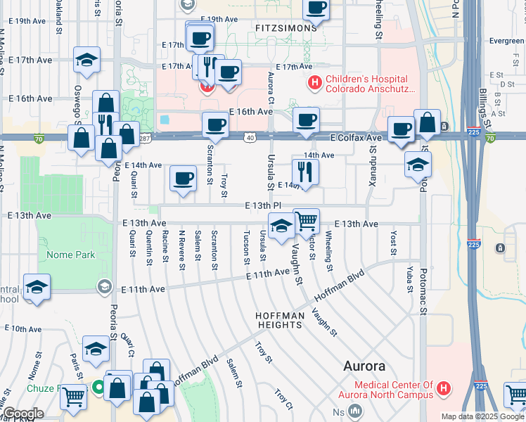map of restaurants, bars, coffee shops, grocery stores, and more near 13005 East 13th Avenue in Aurora