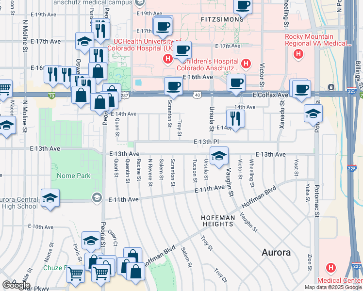 map of restaurants, bars, coffee shops, grocery stores, and more near 12705 East 13th Avenue in Aurora