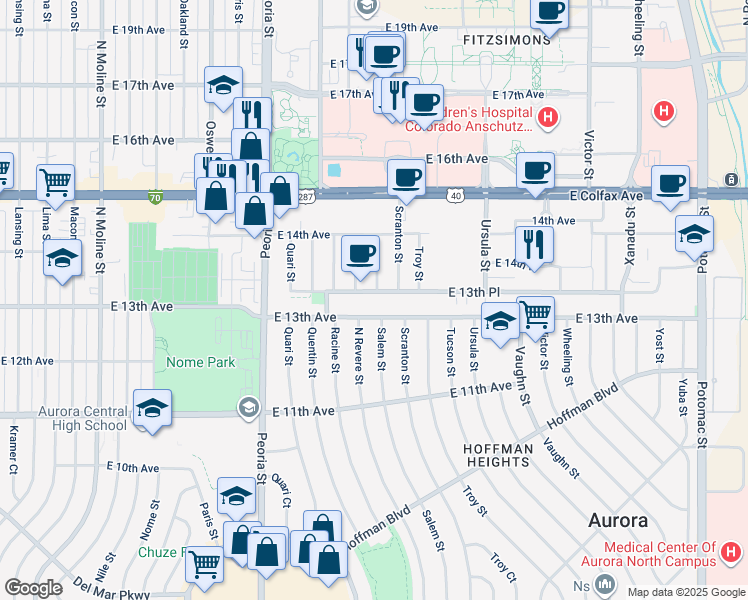 map of restaurants, bars, coffee shops, grocery stores, and more near 12565 East 13th Avenue in Aurora