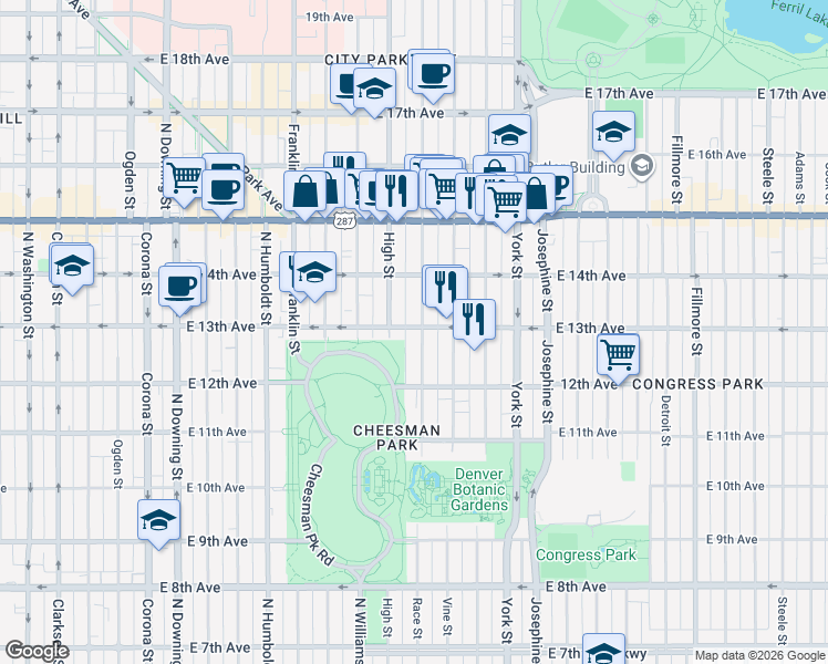 map of restaurants, bars, coffee shops, grocery stores, and more near 1920 East 13th Avenue in Denver