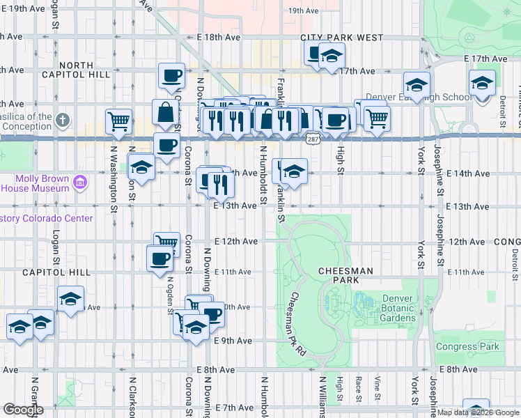 map of restaurants, bars, coffee shops, grocery stores, and more near in Denver