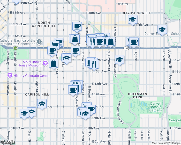 map of restaurants, bars, coffee shops, grocery stores, and more near 1284 Downing St in Denver