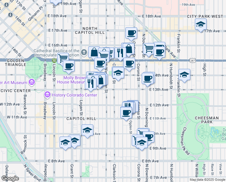 map of restaurants, bars, coffee shops, grocery stores, and more near 1262 North Clarkson street in Denver