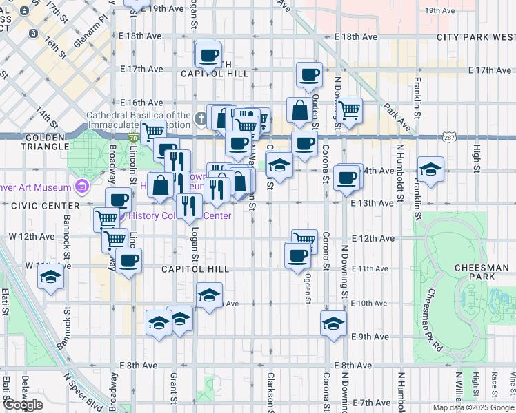 map of restaurants, bars, coffee shops, grocery stores, and more near 1275 North Washington Street in Denver