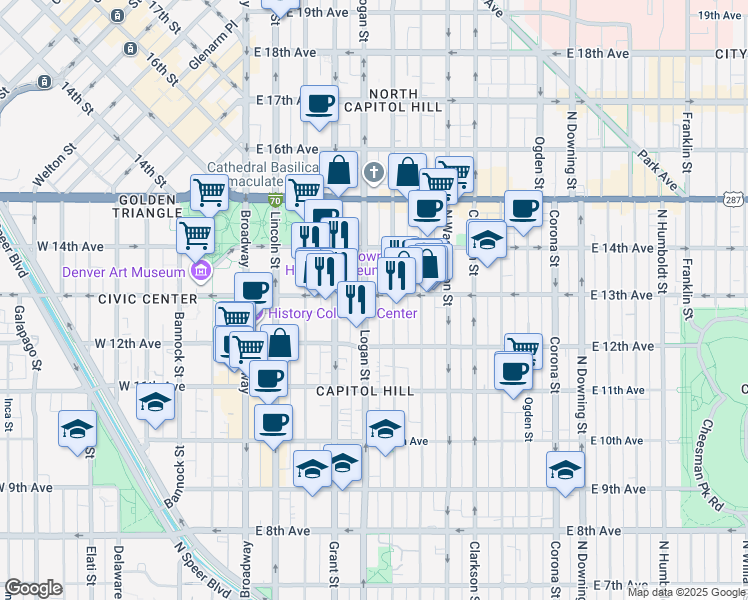 map of restaurants, bars, coffee shops, grocery stores, and more near 1284 Logan Street in Denver