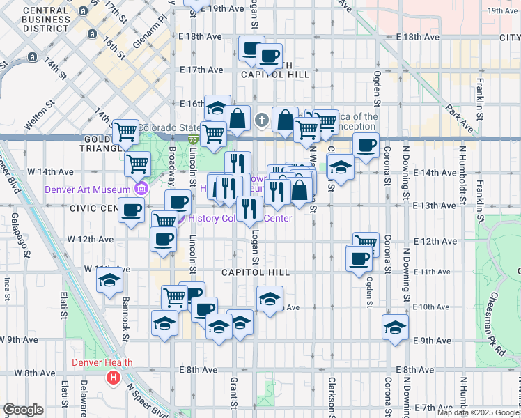 map of restaurants, bars, coffee shops, grocery stores, and more near 1250 Logan Street in Denver