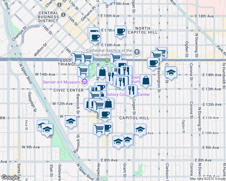 map of restaurants, bars, coffee shops, grocery stores, and more near 1271 Sherman Street in Denver