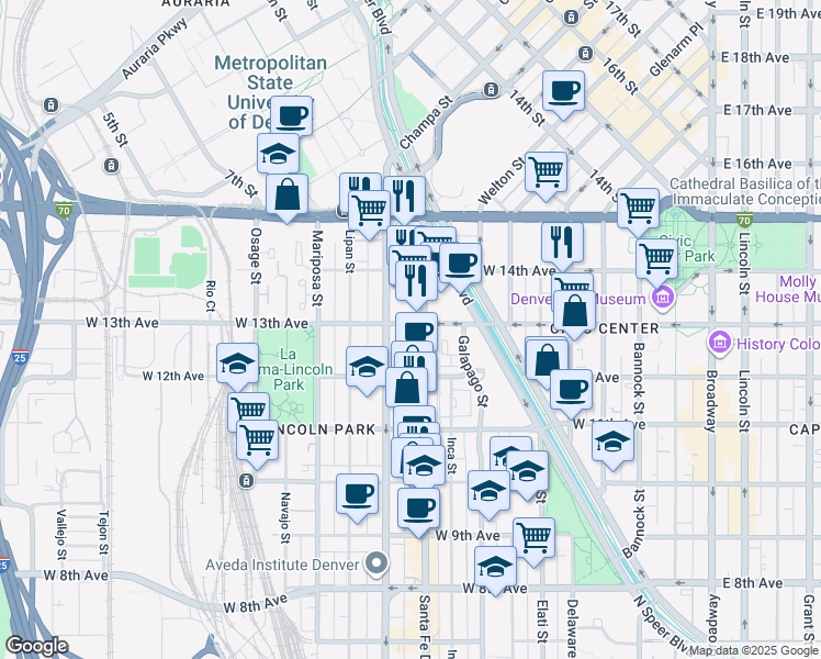 map of restaurants, bars, coffee shops, grocery stores, and more near 1266 Santa Fe Drive in Denver