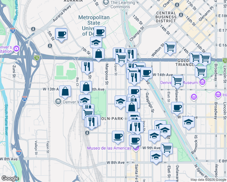 map of restaurants, bars, coffee shops, grocery stores, and more near 1264 Lipan Street in Denver