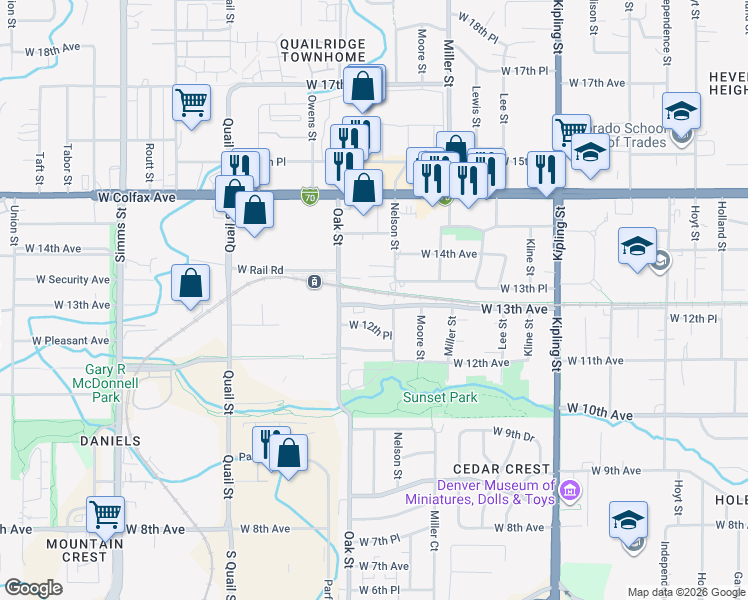 map of restaurants, bars, coffee shops, grocery stores, and more near 10623 West 13th Avenue in Lakewood