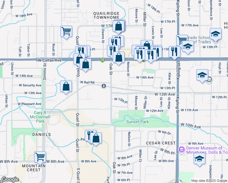 map of restaurants, bars, coffee shops, grocery stores, and more near 10791 West 13th Avenue in Denver