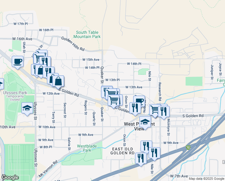 map of restaurants, bars, coffee shops, grocery stores, and more near 16230 West 13th Avenue in Golden